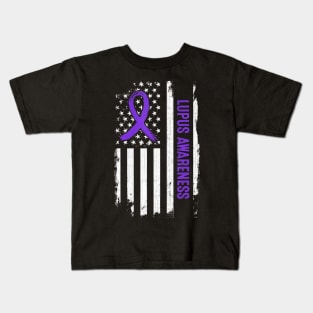 Lupus Awareness American Flag  Purple Ribbon Kids T-Shirt